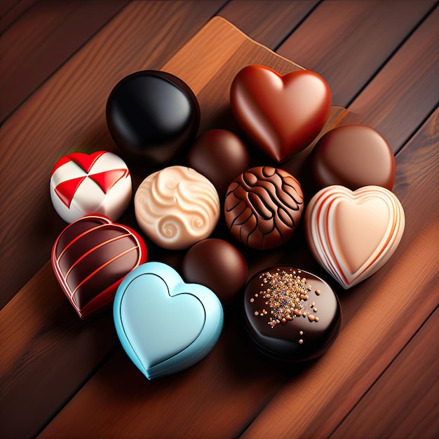 Photo dark milk and white chocolate candies pralines truffles assorted on wooden table