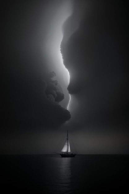 夜の海上の帆船の暗いミニマル写真