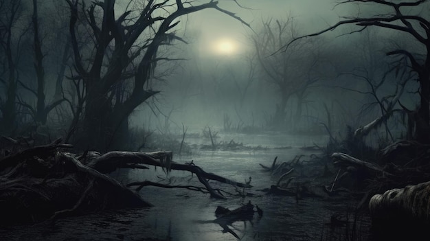 Dark misty swamp with twisted trees and murky water background Created with Generative AI technology