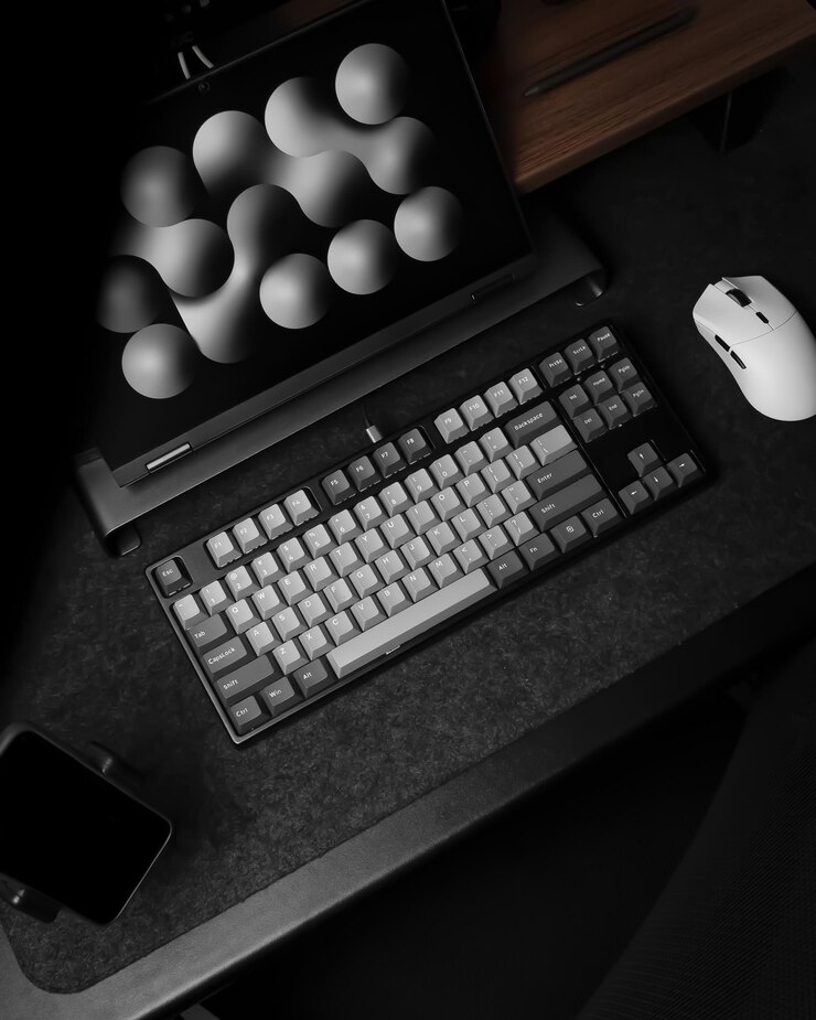 Photo dark modern office desk setup
