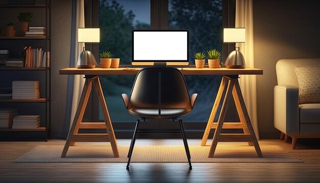 Dark modern workspace with mock up desktop computer on wooden table with lamp and stylish decoration Generative AI