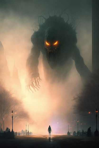 A dark monster in the fog with a city in the background