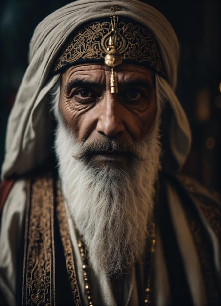 Dark moody aesthetic wise old arab with a long white beard intricate sharp focus fantasy