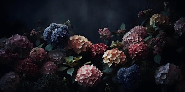 Dark moody floral hydrangea flower wall background