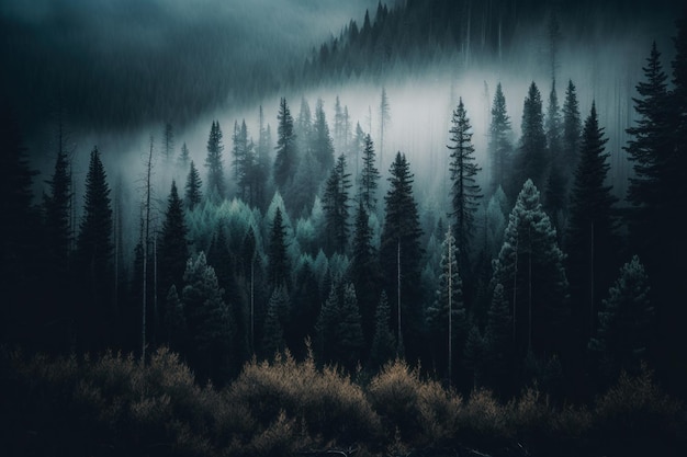 Темный и угрюмый лес с туманом и туманом Генеративный ИИ