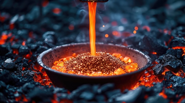 Dark and moody image of a furnace melting metal ore glowing hot metal pouring out industrial process