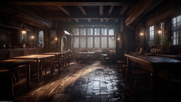 Dark moody medieval tavern inn interior daylight through a window Generative AI 3D rendering