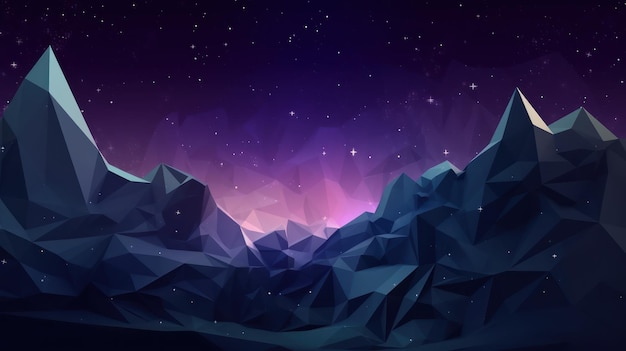 A dark mountain landscape with a purple and blue background.