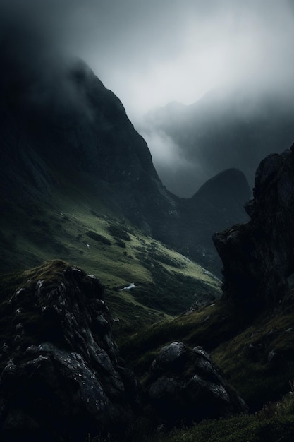 A dark mountain landscape with a river running through it.