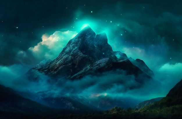 a dark mountain with night sky and lights and black clouds