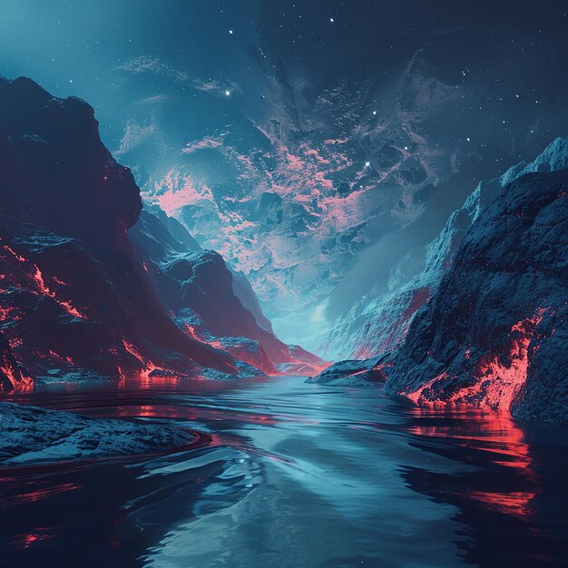 Photo a dark mountain with a red light on it and a red light in the water