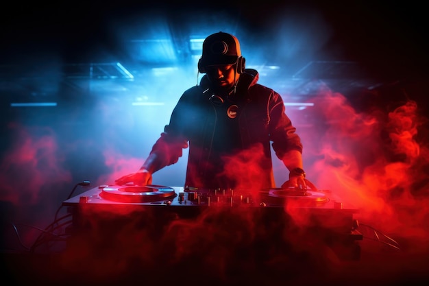 Photo dark music background with playing dj