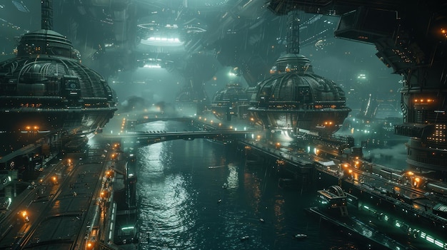 A dark and mysterious alien city built on a river