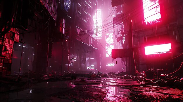 Photo a dark and mysterious alleyway in a cyberpunk city the street is wet and reflective and the buildings are covered in graffiti and neon lights