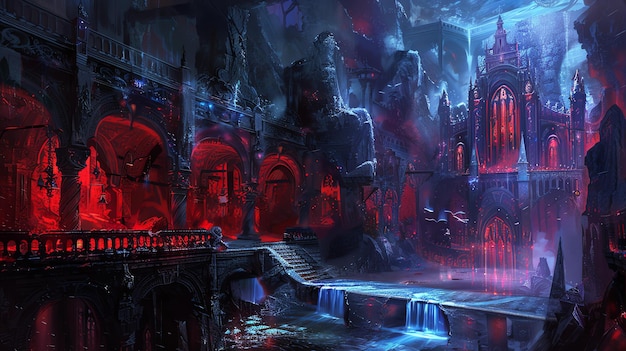 A dark and mysterious castle with a red glow coming from the inside The castle is surrounded by a moat of lava