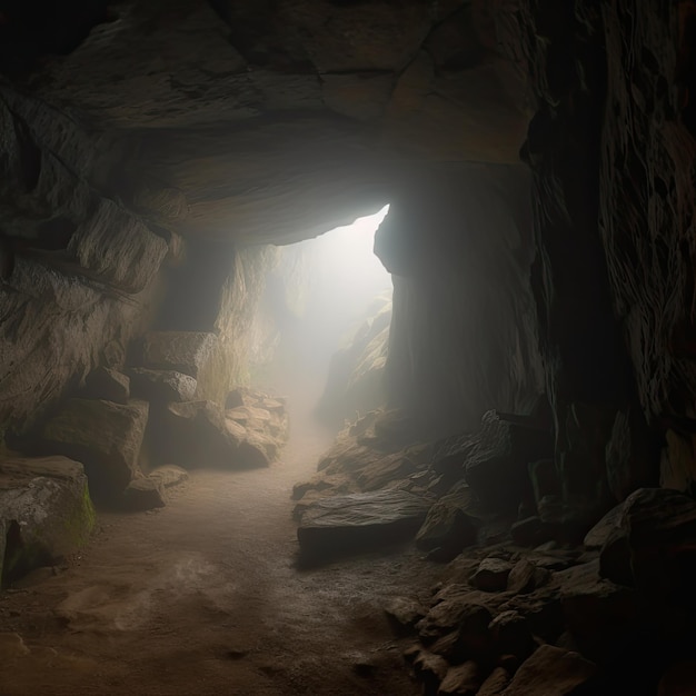 Dark and mysterious cave entrance with light coming through the hole in the rock