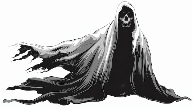 A dark and mysterious figure cloaked in a tattered robe its skeletal face leering out from beneath the hood