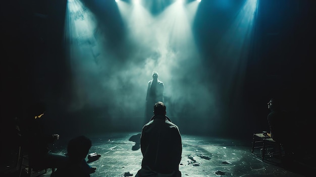 Foto una figura oscura e misteriosa si trova su un palco illuminato da un singolo spotlight