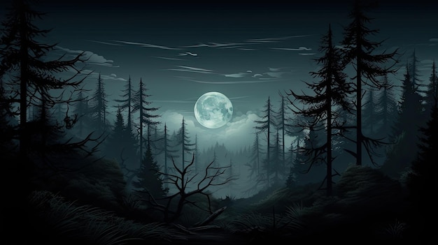 A dark and mysterious forest at night The only light comes from a full moon which is shining through the trees