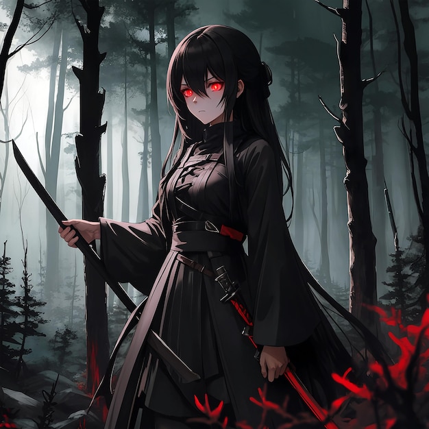 Premium AI Image  an anime girl with glowing red eyes in a dark forest