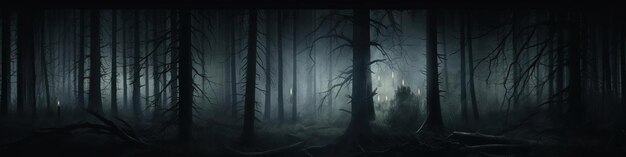 a dark and mysterious forest with lights in the background