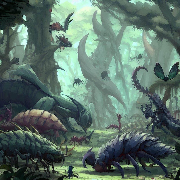 A dark mysterious forest with mysterious creatures