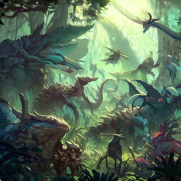 A dark mysterious forest with mysterious creatures