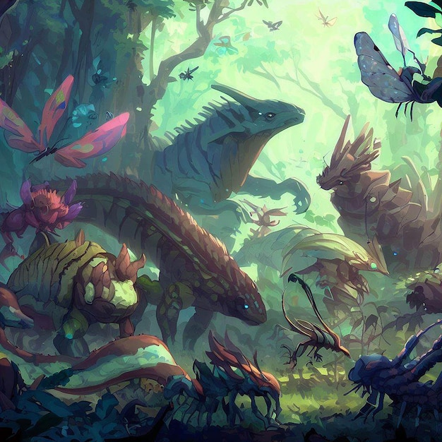 A dark mysterious forest with mysterious creatures