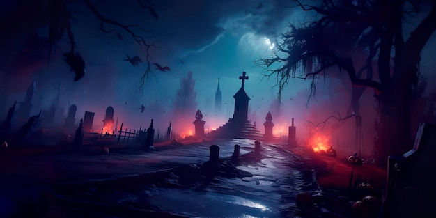 Темный и загадочный Хэллоуин с призрачным кладбищем, светящимися надгробными камнями и пятнами призрачного тумана.