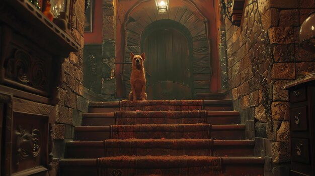 A dark and mysterious hallway with a red carpet leading up to a large wooden door A dog sits at the top of the stairs looking down at the viewer