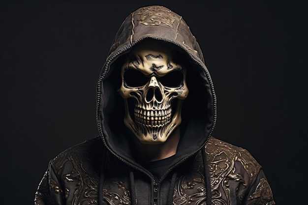 Dark and Mysterious Hooded Figure with Skull Face Paint Easily Discoverable Stock Image with Generat...