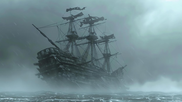 Photo a dark and mysterious pirate ship sails through a stormy sea the ship is battered by the waves and the wind and its sails are torn and tattered