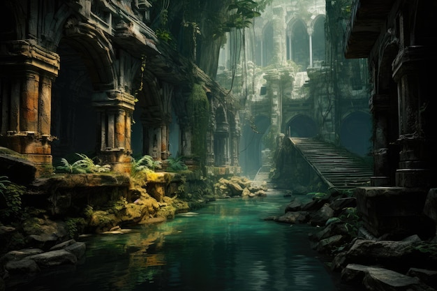 A dark and mysterious scene of a temple with a river in the background.