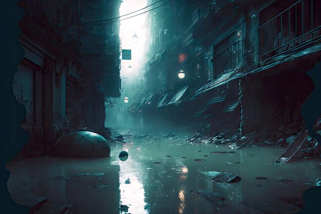 Dark mysterious submerged streets with garbage in flooded city