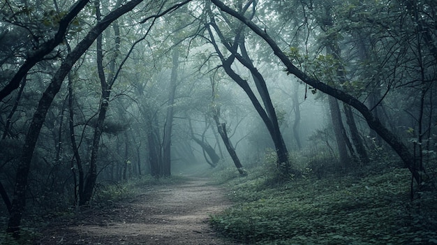 Dark mystical forest scary curved trees Morning fog in the dense forest Generative Ai