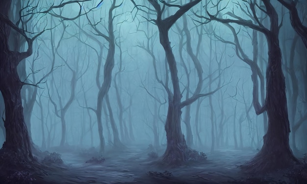Photo dark mystical forest scary curved trees morning fog in the dense forest a path through a gloomy wooded area 3d illustration