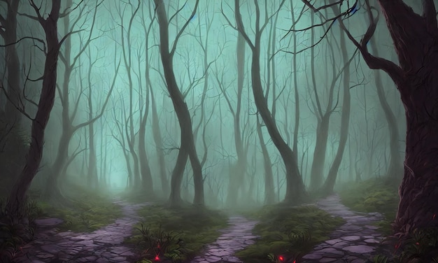 Dark mystical forest scary curved trees Morning fog in the dense forest A path through a gloomy wooded area 3d illustration