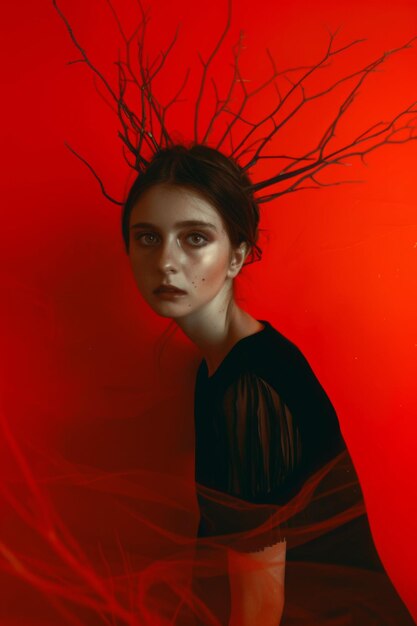 Dark Mystical Girl in Black on Red Background