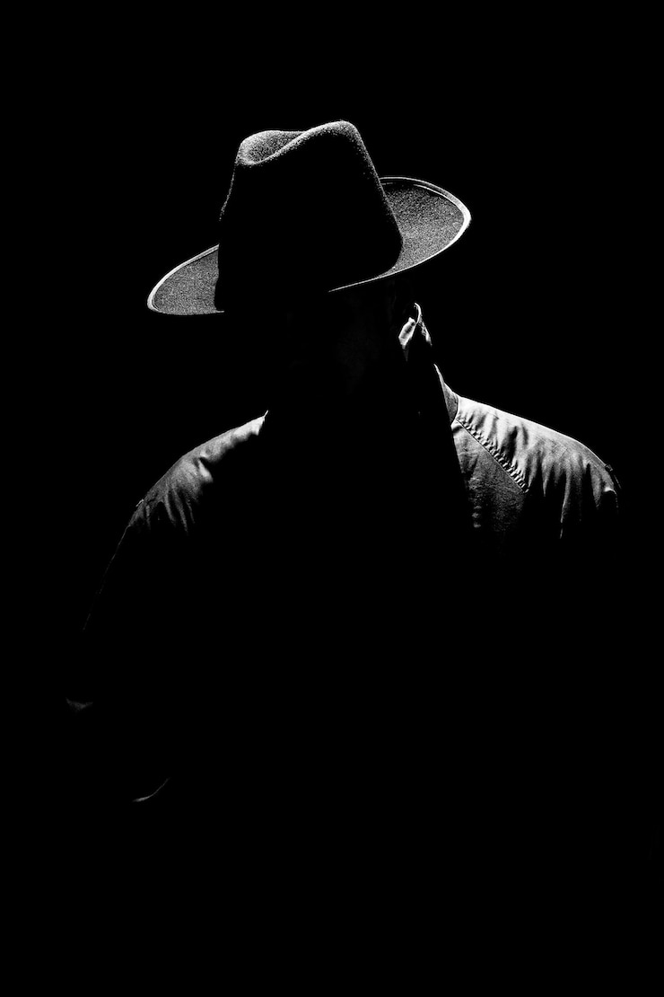 Photo dark mystical silhouette of a man in a hat at night in retro noir style