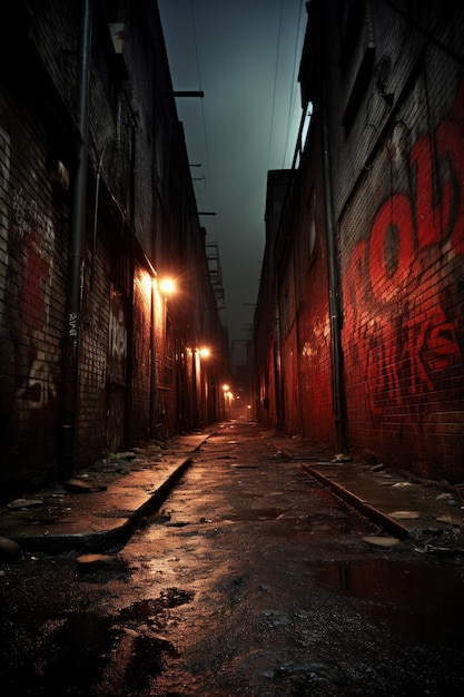 A dark and narrow alleyway with graffiti on the walls