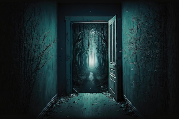 Dark narrow corridor in horror house with exit to scary dark forest