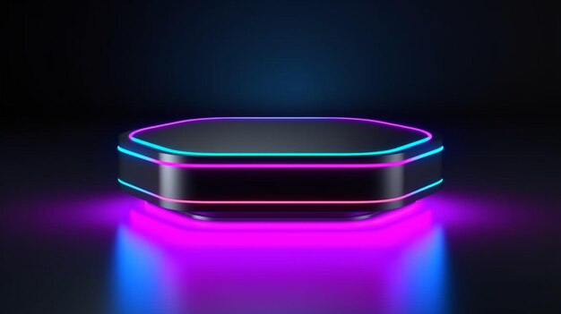 Photo dark and neon colored product presentation platform podium stand with neon lights