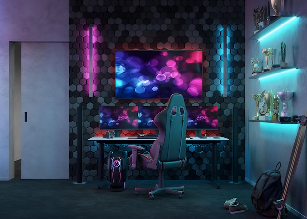 Photo dark neon gamer workspace 3d illustration