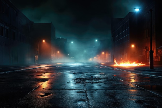 Dark neon lit city street with smoke and reflections