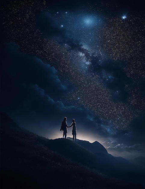 dark night on a big hill a couple of lovers and shining stars in the sky illustration