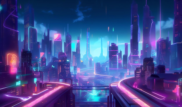 A dark night city with purple and blue neon light ai generated