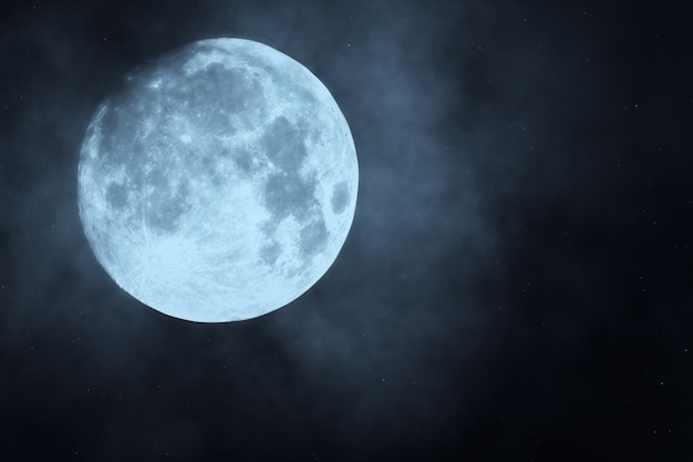 Foresta scura di notte contro l'illustrazione della luna piena 3d