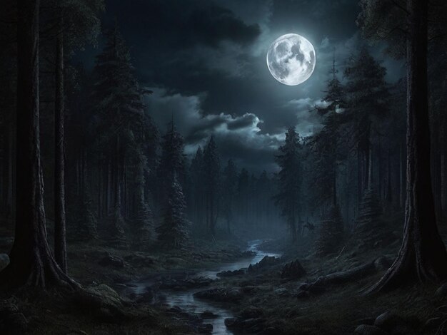 Photo dark night forest full moon