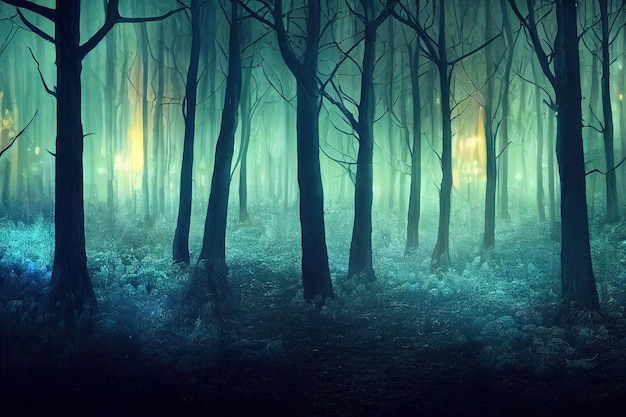 Photo dark night forest with glow dark tree trunks in the fog 3d illustration