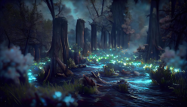 Dark night forest with a magical portal to an alien world with\
green grass and black tree trunks 3d illustration